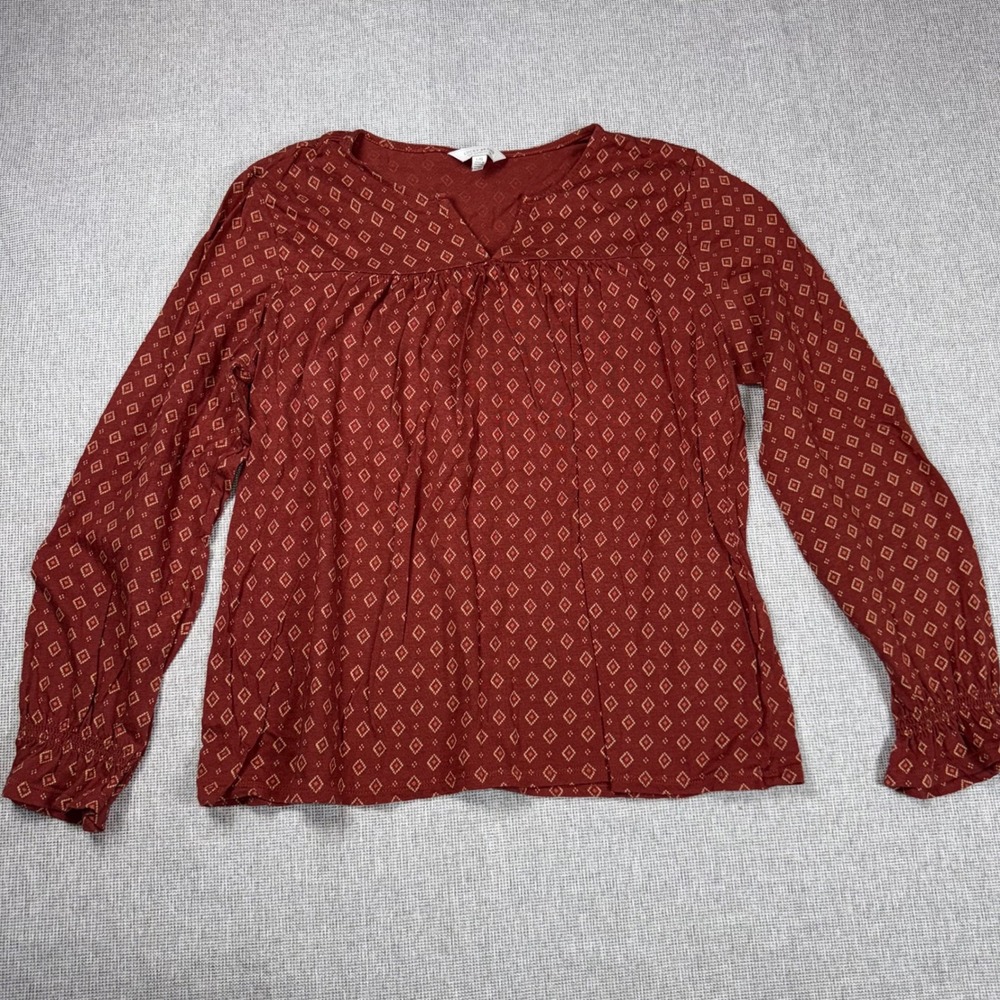 Lucky Brand Womens Rust Red Diamond Print Peasant Top Long Sleeve Smocked Cuff L